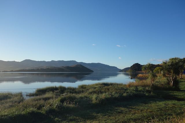 Akaroa Harbour am frühen Morgen direkt vor unserer Unterkunft
